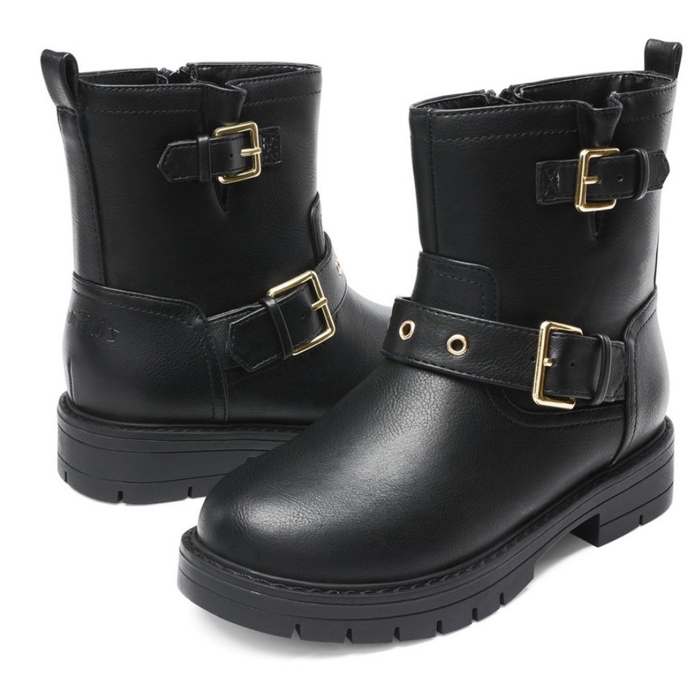 Dream Pairs Black Kids Boots with Gold Buckles